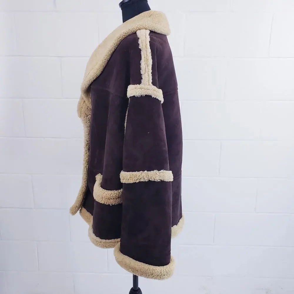 Vintage 80s Vakko Shearling Suede Coat Brown Hipster Coat Jacket Made In Romania - Picture 4 of 9